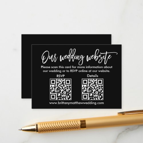 Modern Brush Script Wedding QR RSVP Details Black Enclosure Card