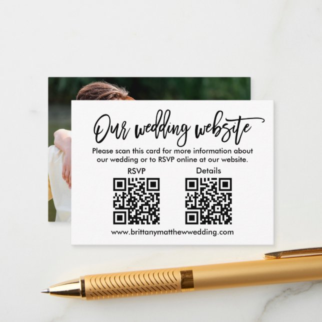 Modern Brush Script Wedding QR RSVP Details Photo Enclosure Card (Front/Back In Situ)