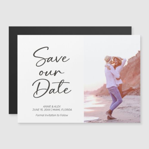 Modern Brush Script Wedding Save The Date Photo Magnetic Invitation