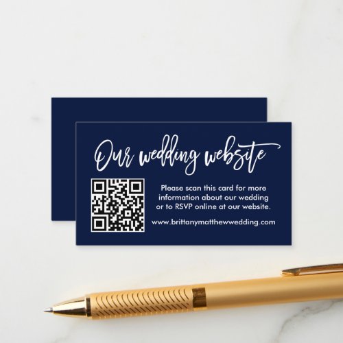 Modern Brush Script Wedding Website QR Blue Enclosure Card