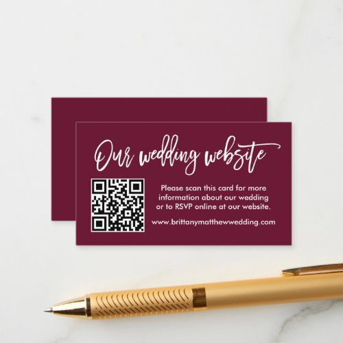 Modern Brush Script Wedding Website QR Burgundy Enclosure Card