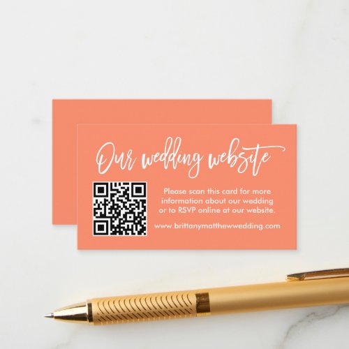 Modern Brush Script Wedding Website QR Coral Enclosure Card