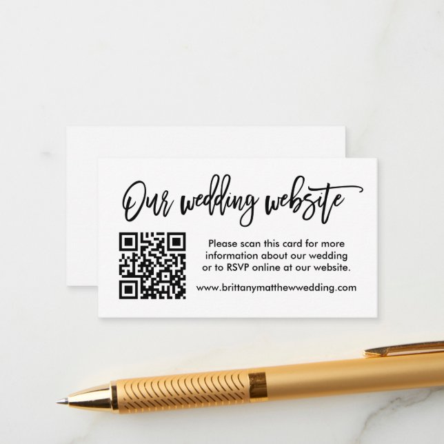 Modern Brush Script Wedding Website QR Enclosure Card (Front/Back In Situ)