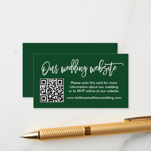 Modern Brush Script Wedding Website QR Green Enclosure Card