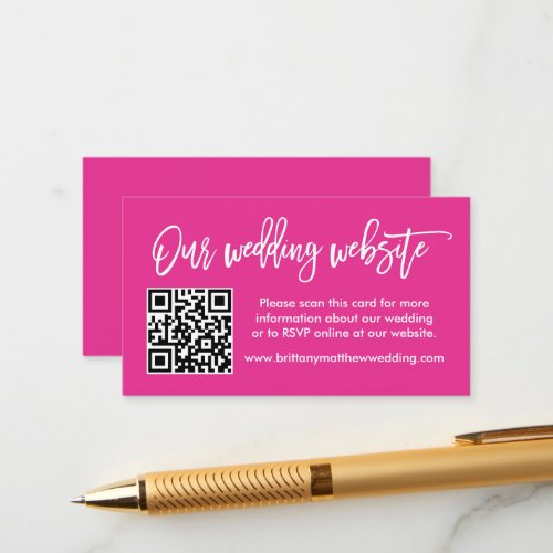 Modern Brush Script Wedding Website QR Hot Pink Enclosure Card