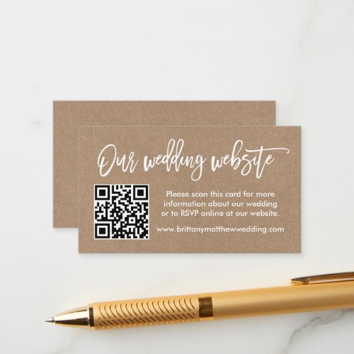 Modern Brush Script Wedding Website QR Kraft Enclosure Card