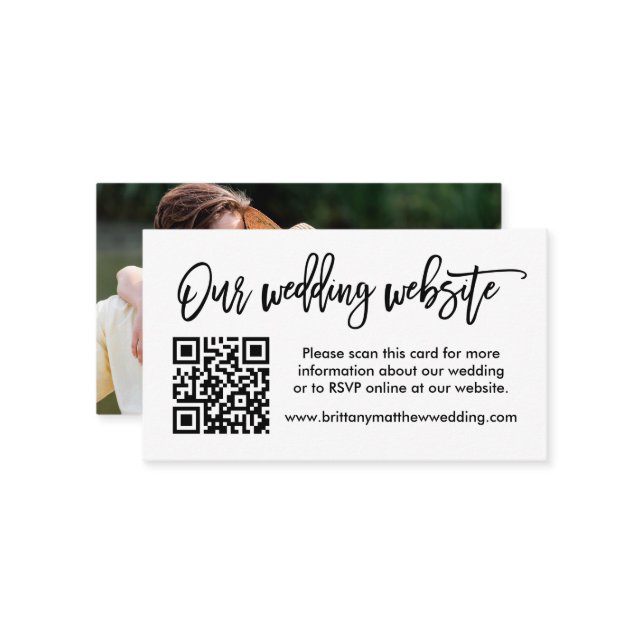 Modern Brush Script Wedding Website QR Photo  Enclosure Card (Front/Back In Situ)