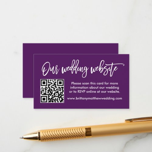 Modern Brush Script Wedding Website QR Purple Enclosure Card