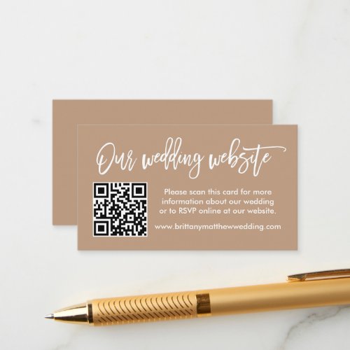 Modern Brush Script Wedding Website QR Taupe Enclosure Card