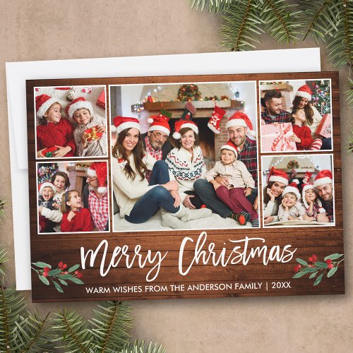 Modern Brush Script Wood 5 Photo Family Christmas Holiday Card