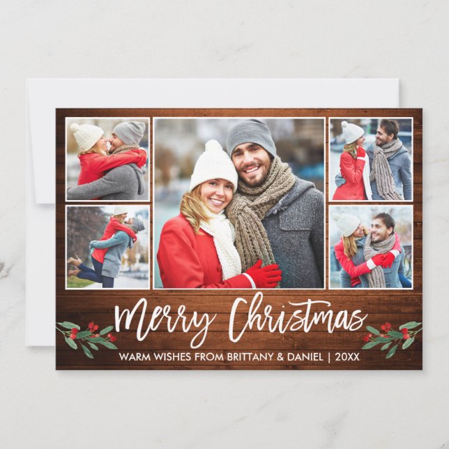 Modern Brush Script Wood 5 Photo Merry Christmas Holiday Card (Front)