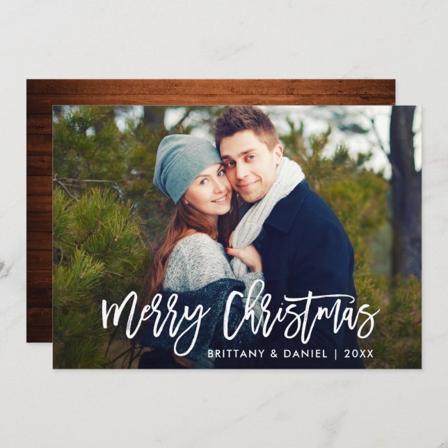 Modern Brush Script Wood Christmas Photo Card (Front/Back)