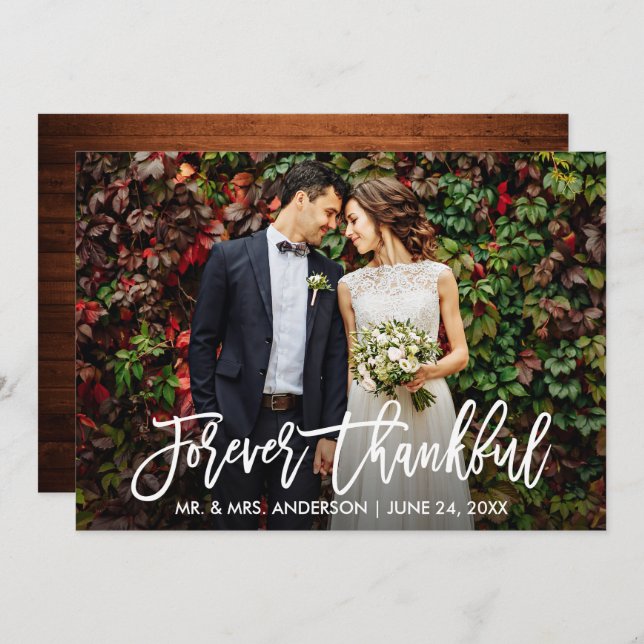 Modern Brush Script Wood Forever Thankful Card (Front/Back)