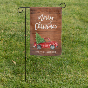 Modern Brush Script Wood Print Red Truck Garden Flag