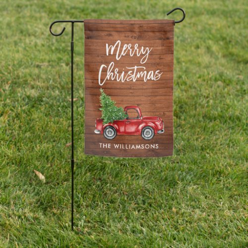 Modern Brush Script Wood Print Red Truck Garden Flag