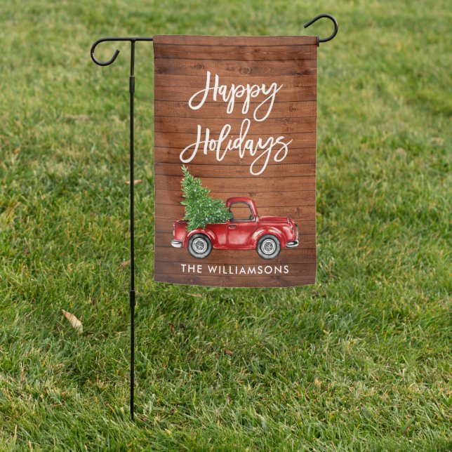 Modern Brush Script Wood Print Red Truck Holiday Garden Flag (In SItu)