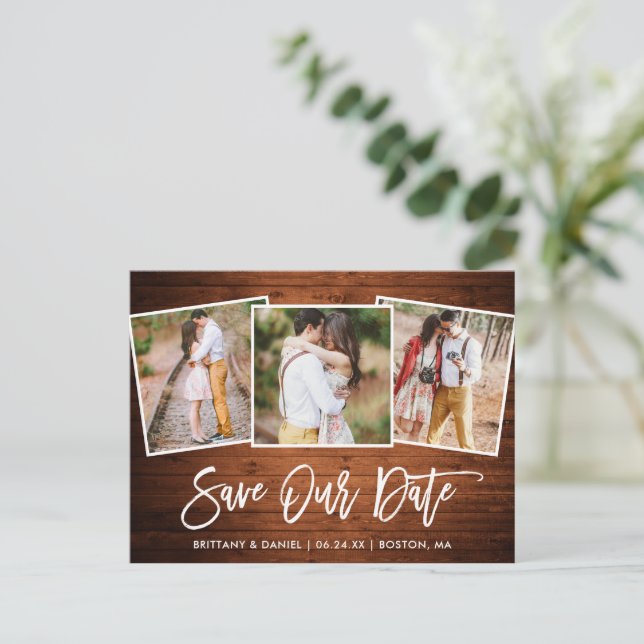 Modern Brush Script Wood Save Our Date 3 Photo Postcard (Standing Front)