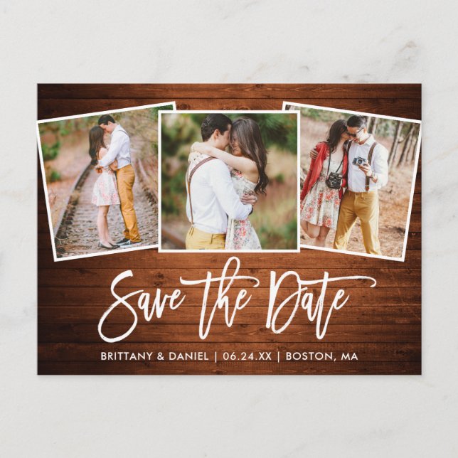 Modern Brush Script Wood Save The Date 3 Photo Postcard (Front)