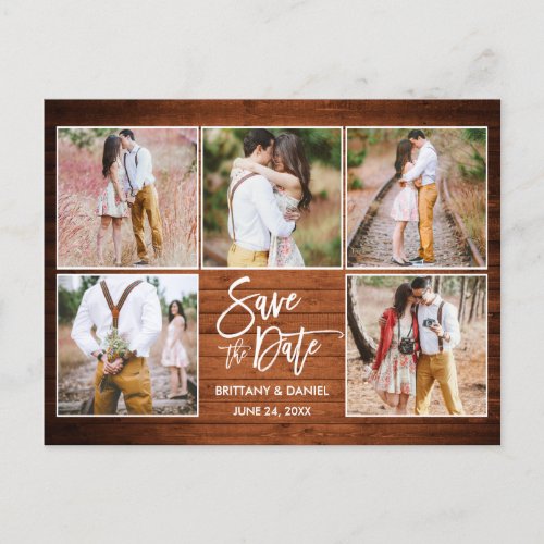 Modern Brush Script Wood Save The Date 5 Photo Postcard