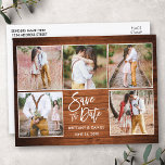 Modern Brush Script Wood Save The Date 5 Photo Postcard<br><div class="desc">Modern Brush Script 5 Photo Save The Date Rustic Wood Postcard</div>