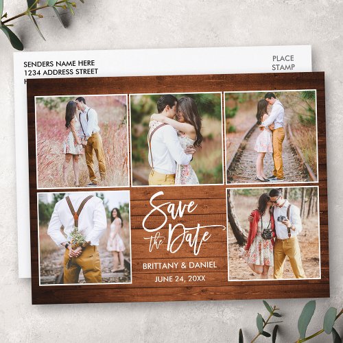 Modern Brush Script Wood Save The Date 5 Photo Postcard