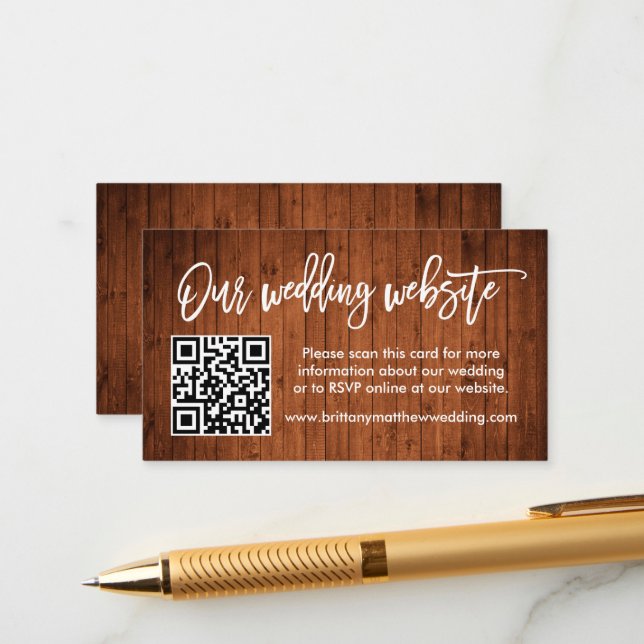 Modern Brush Script Wood Wedding Website QR Enclosure Card (Front/Back In Situ)