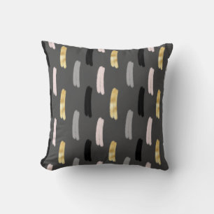 Modern Brush Stripes Pink Gray Black Gold Pattern Throw Pillow