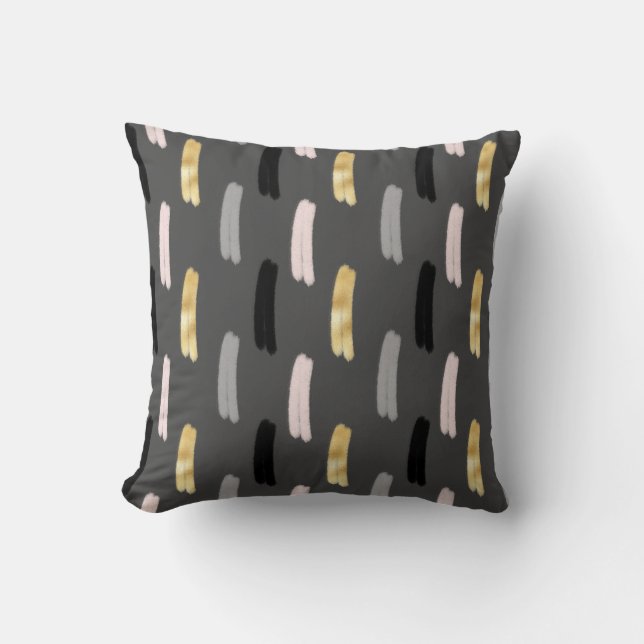 Modern Brush Stripes Pink Gray Black Gold Pattern Throw Pillow (Front)