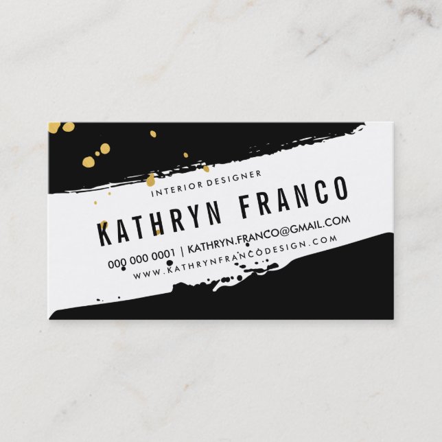 MODERN BRUSH STROKE stylish black gold splatter Business Card (Front)