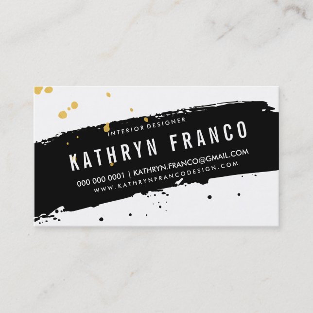 MODERN BRUSH STROKE stylish black gold splatter Business Card (Front)