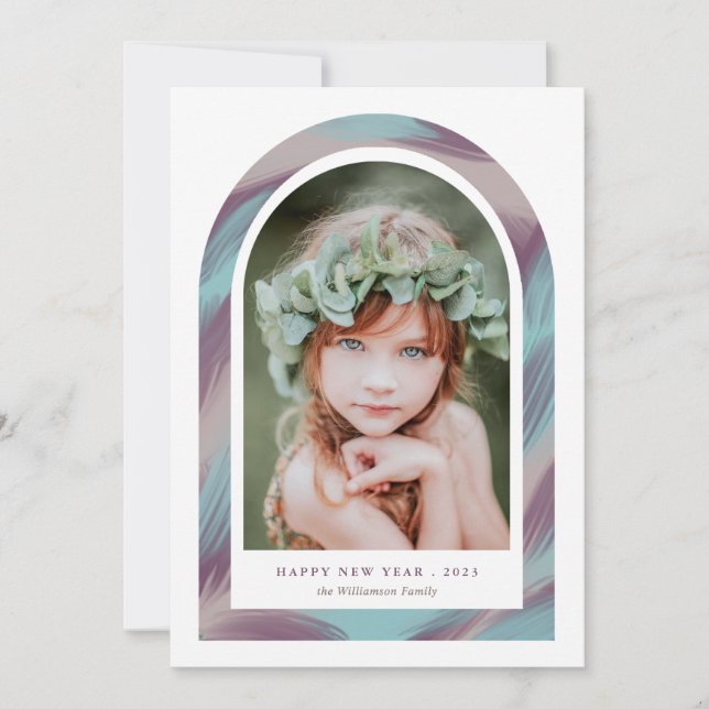 Modern Brush Strokes Arch New Year Photo  Holiday Card (Front)