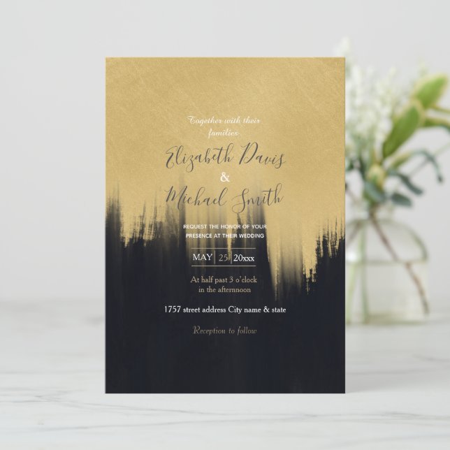 Modern Brush strokes Gold Black Design Invitation (Standing Front)