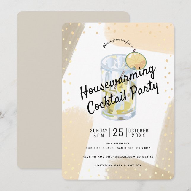 Modern Brush Strokes Housewarming Cocktail Party Invitation (Front/Back)