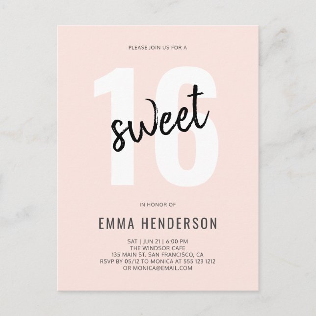 Modern Brush Sweet 16 Invitation Postcard (Front)