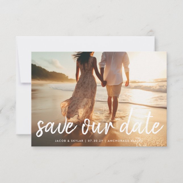 Modern Brush Text Multi Full Bleed Photo Monogram Save The Date (Front)