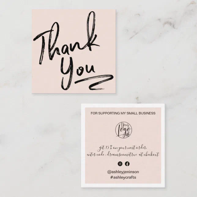 Modern brush thank you script order blush pink square business card ...