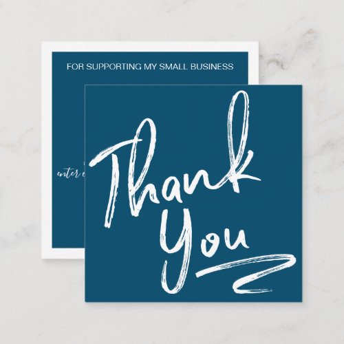 Modern brush thank you script order navy blue square business card