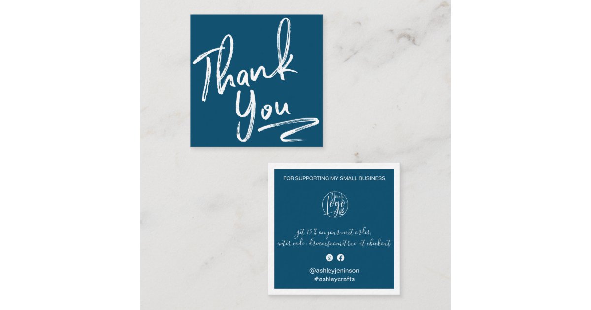 Modern brush thank you script order navy blue square business card | Zazzle