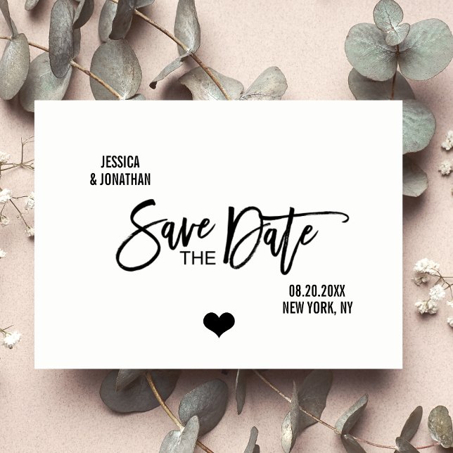 Modern Brush White Black Wedding SAVE THE DATE Announcement Postcard (Creator Uploaded)