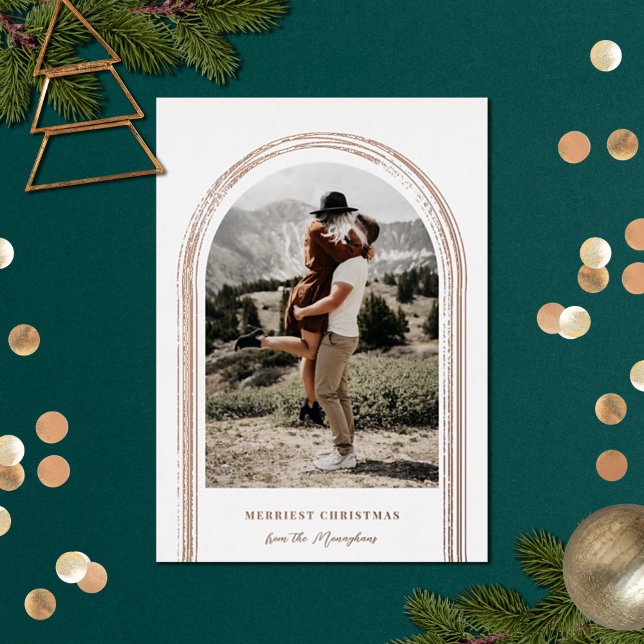 Modern Brushed Arch Frame Photo Christmas  Foil Holiday Card (Creator Uploaded)
