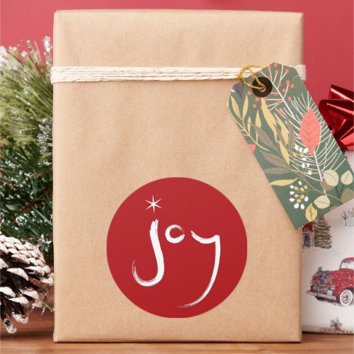 Modern Brushed Calligraphy Joy On Red Chic Holiday Classic Round Sticker