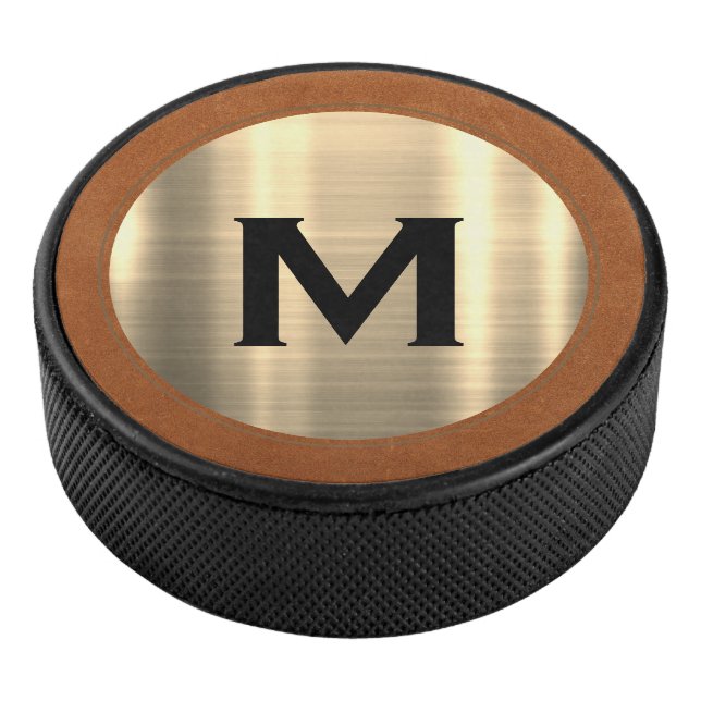 Modern Brushed Gold Luxury Monogram Hockey Puck (3/4)
