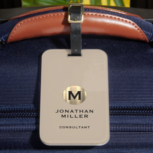 Modern Brushed Gold Monogram Beige Luggage Tag