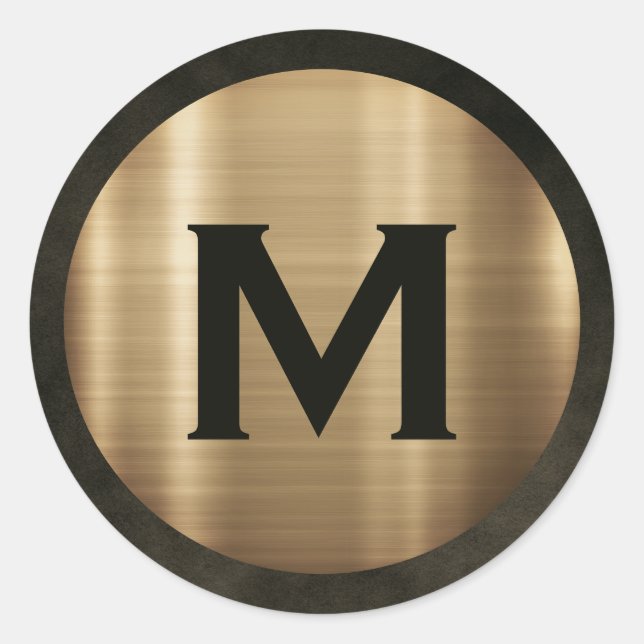 Modern Brushed Gold Monogram Classic Round Sticker (Front)