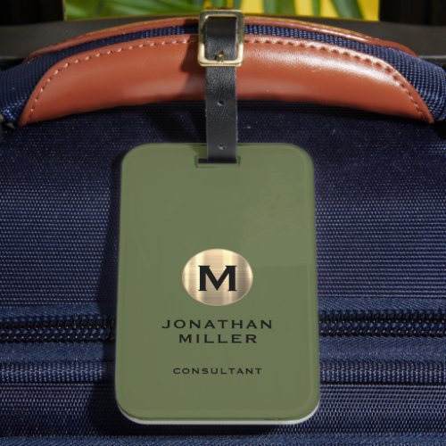 Modern Brushed Gold Monogram Olive Green Luggage Tag
