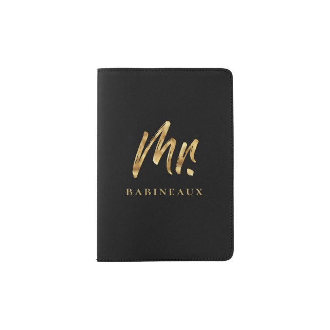 Modern Brushed Gold Script Mr. Passport Holder (Front)