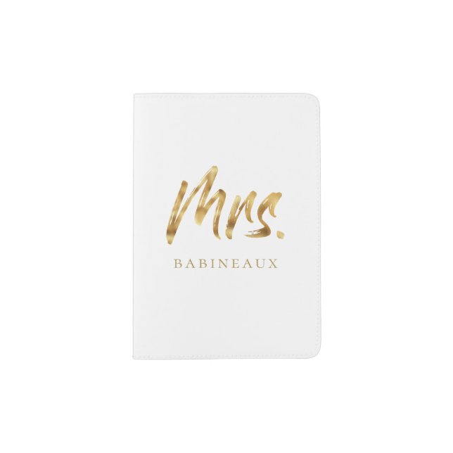 Modern Brushed Gold Script Mrs. Passport Holder (Front)