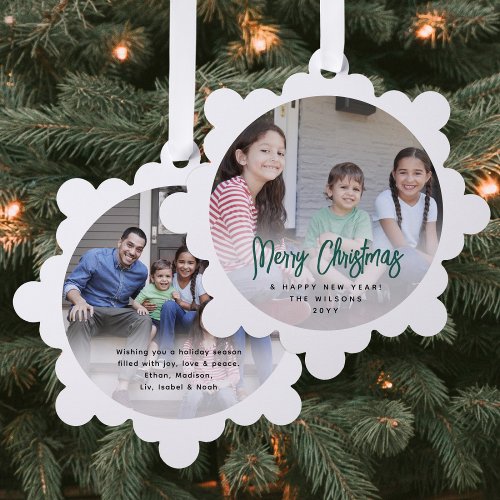 Modern Brushed Green Script Merry Christmas Photo Ornament Card