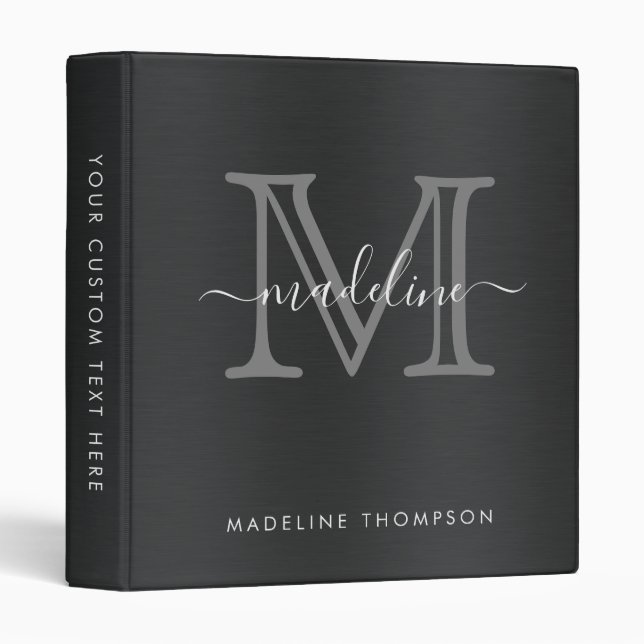 Modern Brushed Metal Black Gray Script Monogram 3 Ring Binder (Front/Spine)