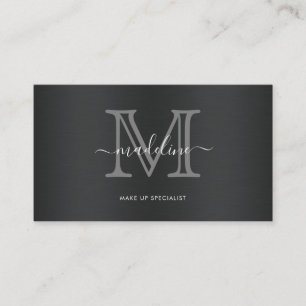 Modern Brushed Metal Black Gray Script Monogram Business Card